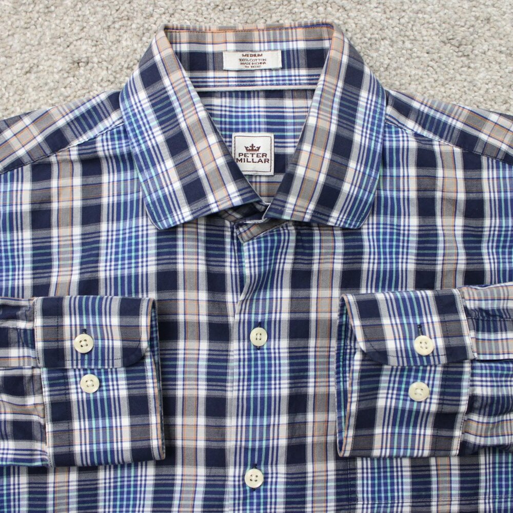 Peter Millar Shirt Mens Medium Blue/Gray Plaid 100% Cotton Long Sleeve Button Up